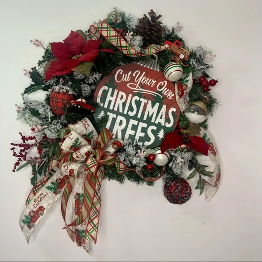 New Floral Rustic Christmas Farmhouse Pine Wreath Red Truck Trees Sign
